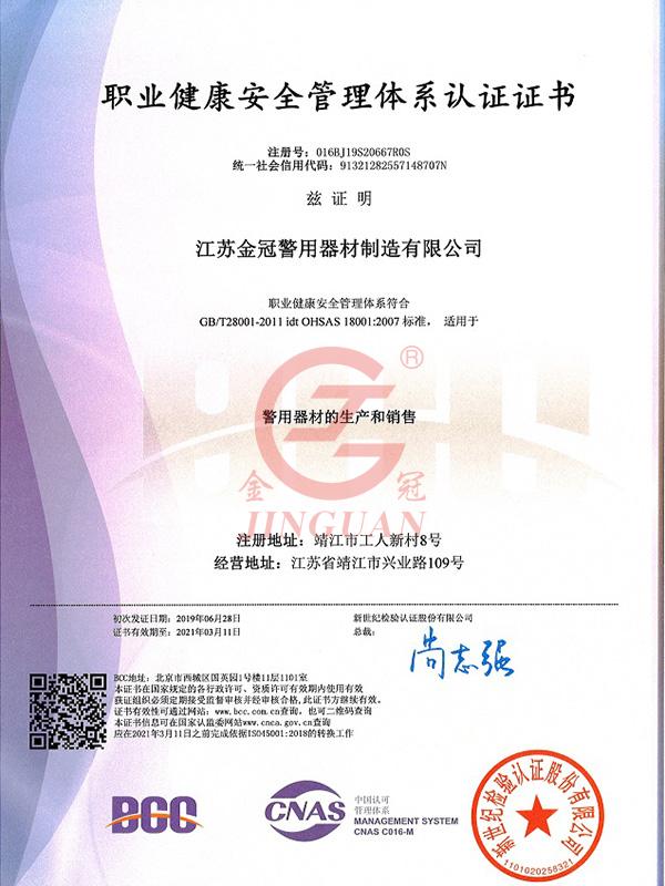 職業(yè)健康安全管理體系認證證書